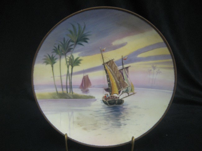 Nippon Green M with wreath 11" plaque with moriage : Nippon Green M with wreath 11" plaque with moriage sailboat in water.