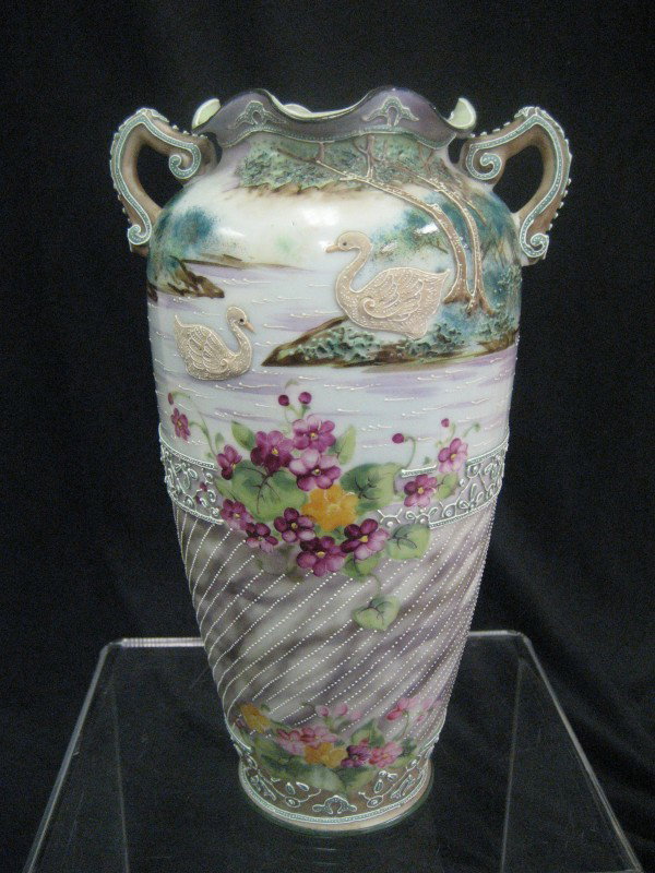Dowsie Coture Nippon 9" handled moriage vase with : Dowsie Coture Nippon 9" handled moriage vase with swans. Minor line loss on rim.