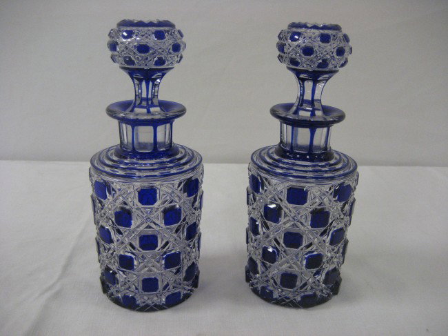 Pair of Boston Sandwich pattern No. 3154 cut overl: Pair of Boston Sandwich pattern No. 3154 cut overlay Ocatagon Diamond colognes in cobalt to clear. Minor rim nicks on rim of body on one cologne.
