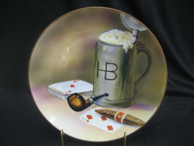 Nippon Green M with wreath 11" plaque with cards, : Nippon Green M with wreath 11" plaque with cazrds, cigar, and stein of beer.