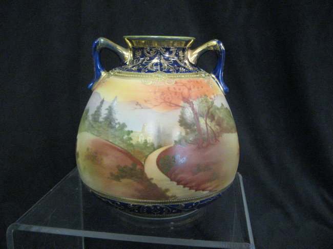 Nippon Blue Maple Leaf cobalt 6" jeweled country r: Nippon Blue Maple Leaf cobalt 6" jeweled country road scenic vase with gold decoration.