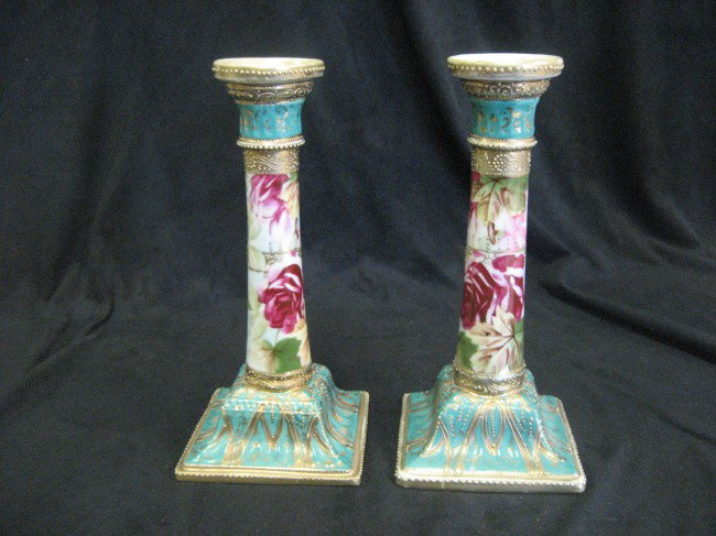 Nippon Green Maple Leaf 9 1/4" pair of candlestick: Nippon Green Maple Leaf 9 1/4" pair of candlesticks.