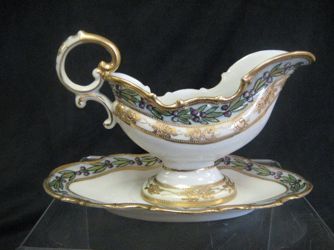 Nippon Blue M with wreath gold decorated gravy boa: Nippon Blue M with wreath gold decorated gravy boat and tray with leaf and berry decoration.
