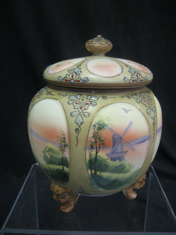 Nippon Green M with wreath six window footed crack: Nippon Green M with wreath six window footed cracker jar with windmill decoration.