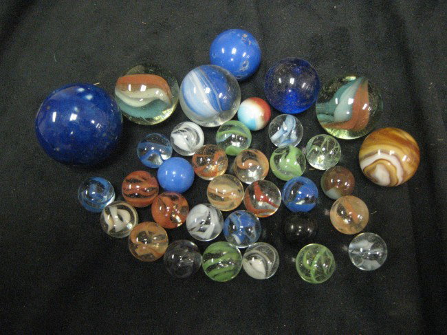 Group of marbles including 1" slag and 1 7/16" bl: Group of marbles including 1" slag and 1 7/16" blue Bennington.