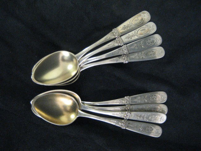 (8) Duhme & Co. Sterling demitasse spoons with gol: (8) Duhme & Co. Sterling demitasse spoons with gold wash bowls