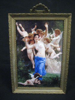 Porcelain over-painted transfer plaque with partia: Porcelain over-painted transfer plaque with partially nude woman surrounded by cupids. 6" X 8 3/4". Incorrect KPM mark and Wagner signature.