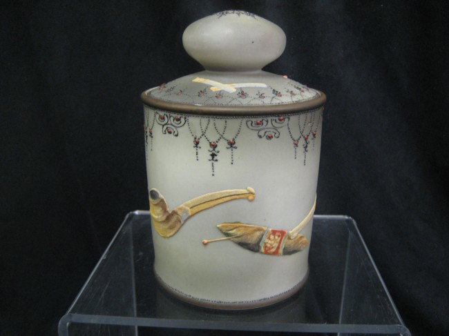 Nippon green M with wreath humidor with moriage pi: Nippon green M with wreath humidor with moriage pipe, cigar, cigarettes and matches. Line crack in body.