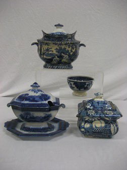 Grouping of flow blue and transfer decorated inrons: Grouping of flow blue and transfer decorated inronstone.