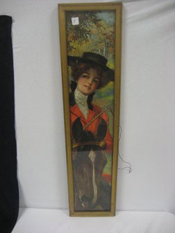 Yard long print of a girl in a red dress on a hor: Yard long print of a girl in a red dress on a horse.