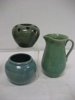 7 3/8" Bybee pitcher with KY stamp on base, 3 1/2": 7 3/8" Bybee pitcher with KY stamp on base, 3 1/2" Cornelison blue/gray frog vase, and 4 1/4" Cornelison Pottery double stamped bulbous vase with raised rim.