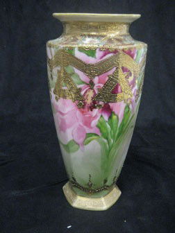 Nippon Blue Maple Leaf 9" floral vase with beaded: Nippon Blue Maple Leaf 9" floral vase with beaded gold decoration.