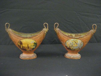 440. Tole painted swan handle epergnes/vases app.: 440. Tole painted swan handle epergnes/vases app. 8 ¾” tall, 10 3/16” wide. Marked Made in France. Expected loss and wear.