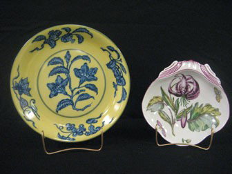 442. Mottahedah 10 5/8” Reproduction of a Chinese : 442. Mottahedah 10 5/8” Reproduction of a Chinese dish, Ming dynasty Hung Chih period 1488-1505 marked Vesta Alegre Portugal, and 8 3/8” bowl adapted from the Sir H. Sloane’s paintings used on C