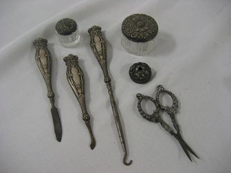 Group of sterling silver desk accessories. Scisso: Group of sterling silver desk accessories. Scissors are damaged.