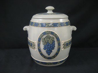 Mettlach 10 1/2" covered jar. Minor cracking and : Mettlach 10 1/2" covered jar. Minor cracking and interior staining.