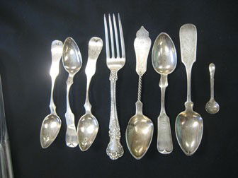 Grouping of silver: Gorham Cambridge dinner fork,: Grouping of silver: Gorham Cambridge dinner fork, Duhme & Co. twist handle spoon with damaged bowl, Duhme & Co. sterling spoon, (3) W.M. Owen coin silver spoons, R.S. Mershon coin silver spoon, Whitin