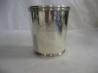 D. Kinsey coin silver beaker with orange peel inter: D. Kinsey coin silver beaker with orange peel interior marked "Robert Lyle Irvine Premium 1869"