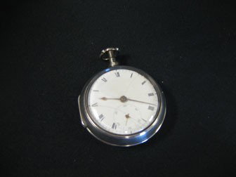 Silver pair case pocket watch with open face. Hal: Silver pair case pocket watch with open face. Hallmarked London case, with Wm. Dun Glasgow works. Cracking on porcelain face.