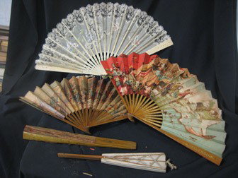 Grouping of fans: "Recurdo" with scene of bulls a: Grouping of fans: "Recurdo" with scene of bulls and matadors; "Gloria A Colon"; lace with flowers and insects, 2 unbound paper fans, 2 unbound fans with mother-of-pearl stays, and painted oriental fan