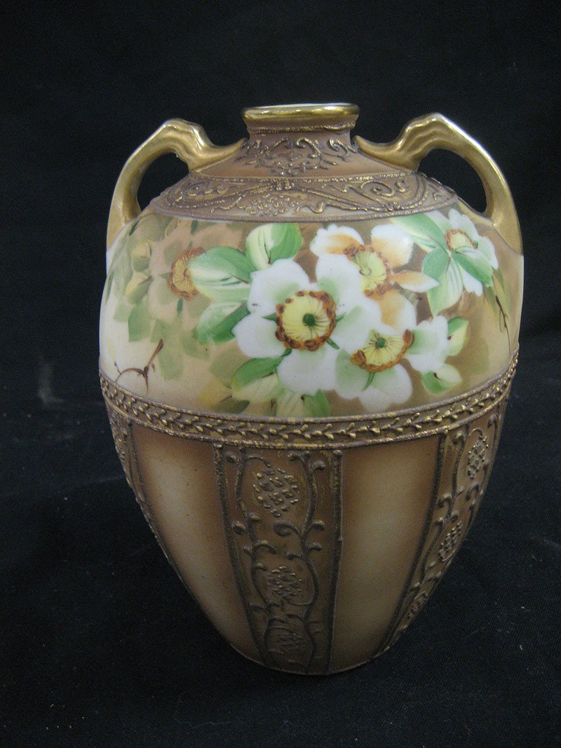 8" Nippon two handle vase with decorative border an: 8" Nippon two handle vase with decorative border and floral band. Green M with wreath.