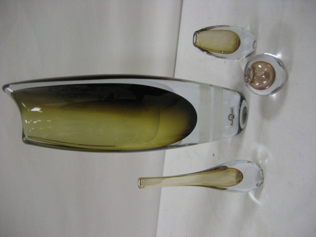 Four pcs. Studio Art Glass: Gerda Stromberg 10" d: Four pcs. Studio Art Glass: Gerda Stromberg 10" designs with Strombergshyttan Sweden tag, other pieces unmarked. Lines at base on back of the 10" vase are tape residue.