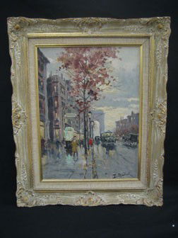 T. Michel oil on canvas street scene signed lower: T. Michel oil on canvas street scene signed lower right. App. 11 1/2" X 15 1/2" in frame.