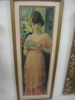 Yard long print - The Pompeian Mfg. Co. - Lady wit: Yard long print - The Pompeian Mfg. Co. - Lady with letter. Whiting at nose, patch/mend at upper left corner. 28 3/4" X 10 3/4"