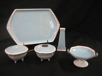 Noritake Art Deco style dresser set with 11 3/4" t: Noritake Art Deco style dresser set with 11 3/4" tray, small compote, footed hair receiver, footed covered dish, and vase/hatpin holder. Green M with wreath.