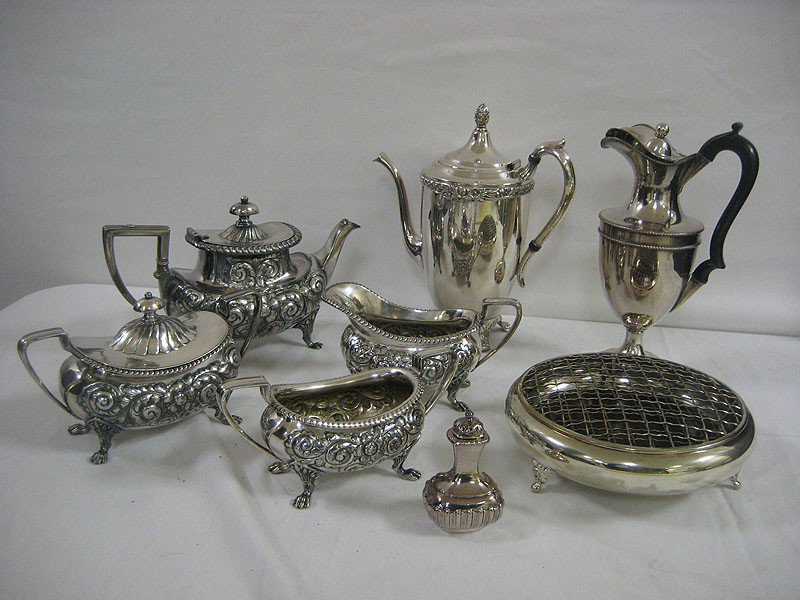Silver plate grouping: Made in England 10 1/2" pi: Silver plate grouping: Made in England 10 1/2" pitcher with wooden hand and crimped top; 8" nickel silver footed bowl with built-in frog; F.B. Rogers Silver on Copper 10 1/2" coffee pot; Made in Engla