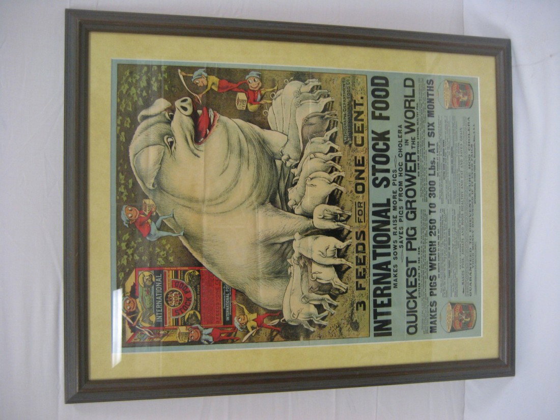 International Stock Food framed poster with Palmer : International Stock Food framed poster with Palmer Cox Brownies an sow with 16 pigs. REAL FOLDS!! App. 19" X 26" in frame.