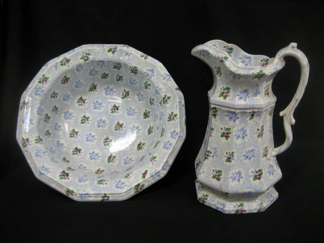 Hawthorn ironstone pedestal wash bowl and pitcher.: Hawthorn ironstone pedestal wash bowl and pitcher. 12" pitcher, 14 1/4" wide bowl is 5 1/4" tall. Minor loss and crazing.