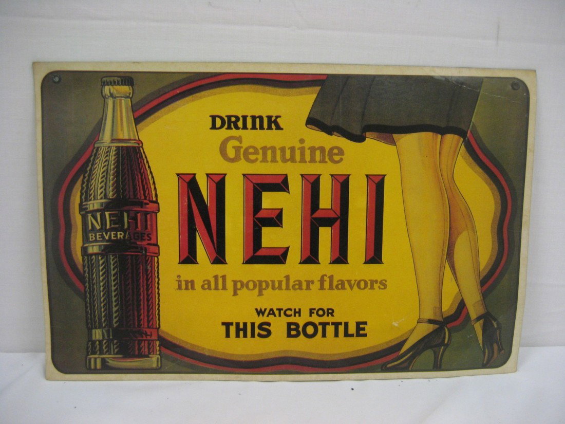Nehi cardboard sign with bottle and lady in high h: Nehi cardboard sign with bottle and lady in high heels. Minor creasing, 16 3/4" X 10 3/4".