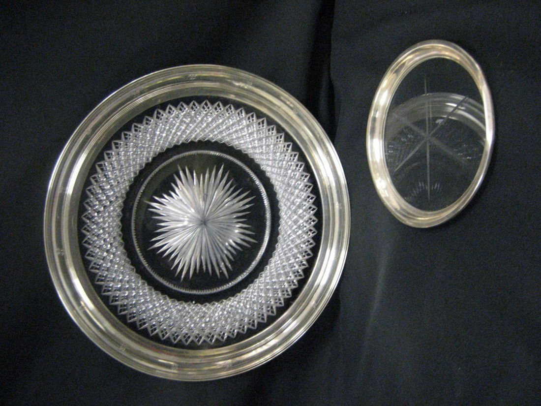 9 1/2" cut glass and sterling silver plate, with: 9 1/2" cut glass and sterling silver plate, with 5" crystal and sterling coaster (dent on rim).