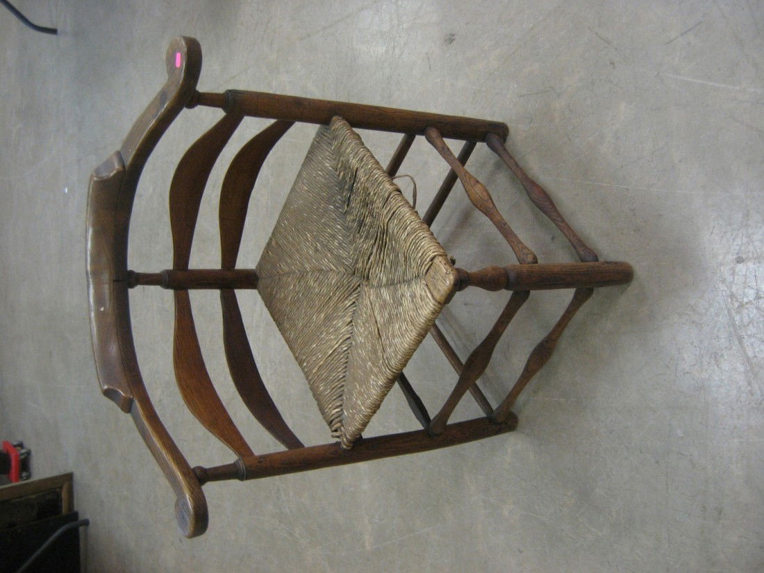 Early corner chair with rope seat and bentwood sla: Early corner chair with rope seat and bentwood slats. Strip metal brace at back top, some loss.