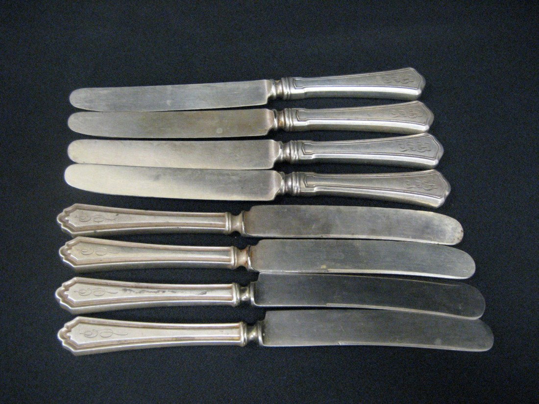 Sterling silver: (4) Alvin Hamilton knives monog: Sterling silver: (4) Alvin Hamilton knives monogram G; (4) knives monogram BG