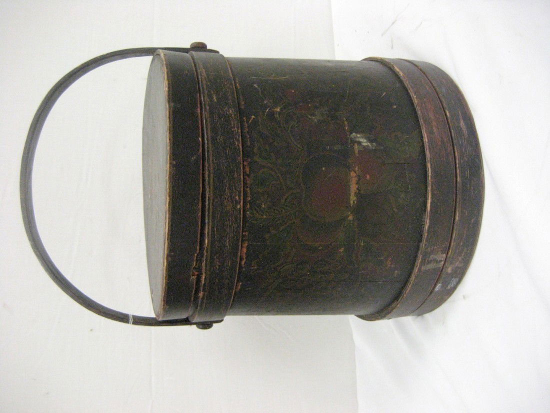 12 1/4" covered bucket with stenciled fruit decora: 12 1/4" covered bucket with stenciled fruit decoration. Expected loss, finger separation on lower band.