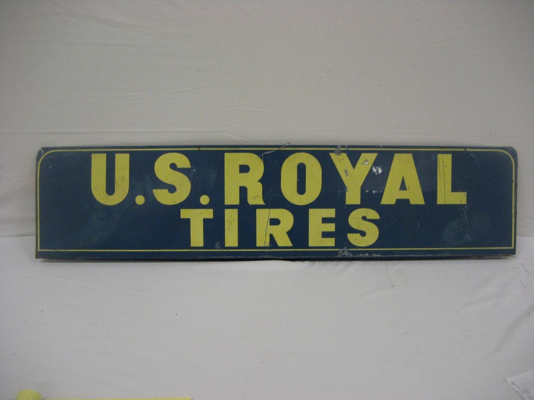U.S. Royal Tires double side sign with bottom flan: U.S. Royal Tires double side sign with bottom flange. Some loss and rusting, separation at one corner of flange.