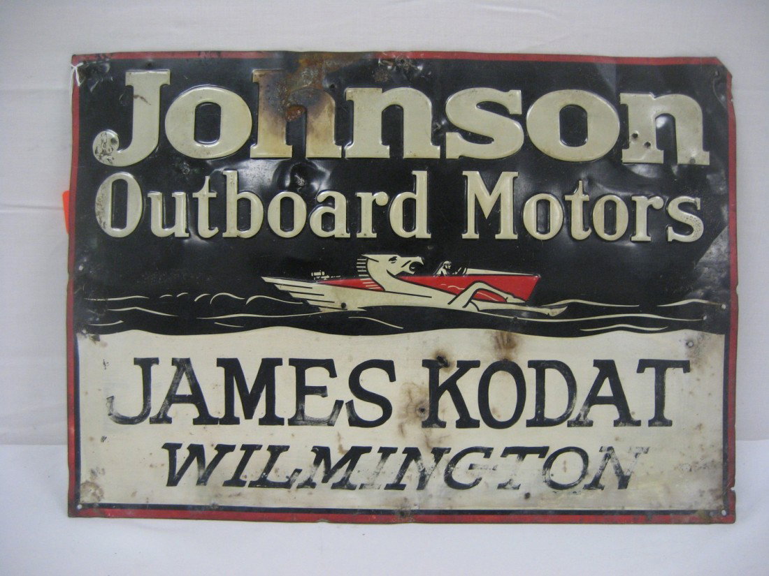 Johnson Outboard Motors - James Kodat Wilmington e: Johnson Outboard Motors - James Kodat Wilmington embossed sign. Overpaint, many holes, denting and loss, 19 1/2" X 13 3/4"