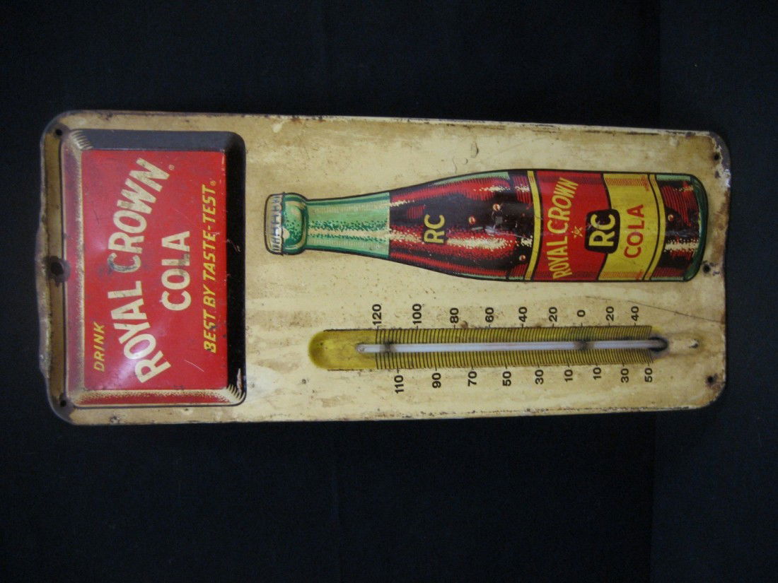 Drink Royal Crown Cola Best by Taste Test embossed: Drink Royal Crown Cola Best by Taste Test embossed tin thermometer, Nehi Co. Denting, some loss, rusting. 5 3/4" X 13 1/2"