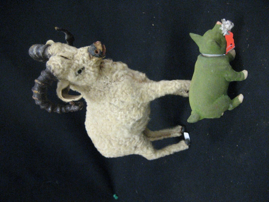 Wool covered 9" horned sheep with minor loss and s: Wool covered 9" horned sheep with minor loss and separation, with felt covered papier mache pig box with minor loss.