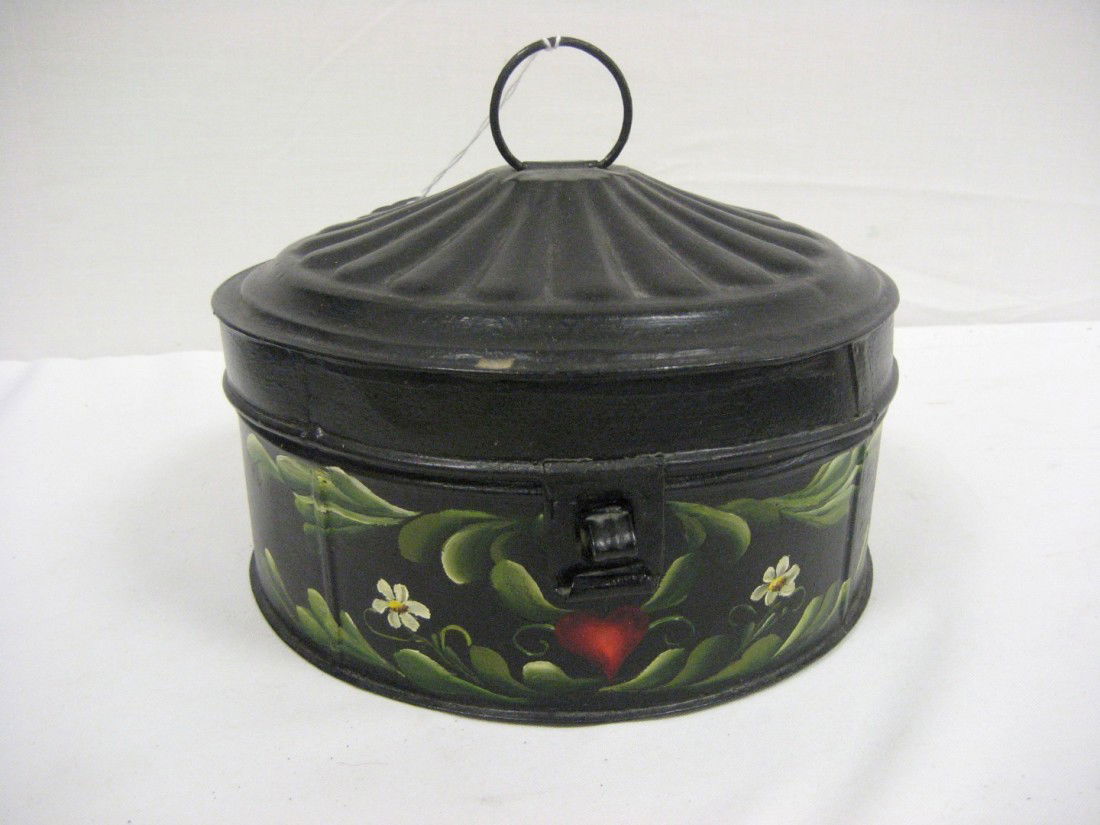 Round spice tin with later painted decoration. In: Round spice tin with later painted decoration. Interior with 5 painted tins and center grater, plus a Stevens Pure Cinnamon tin.