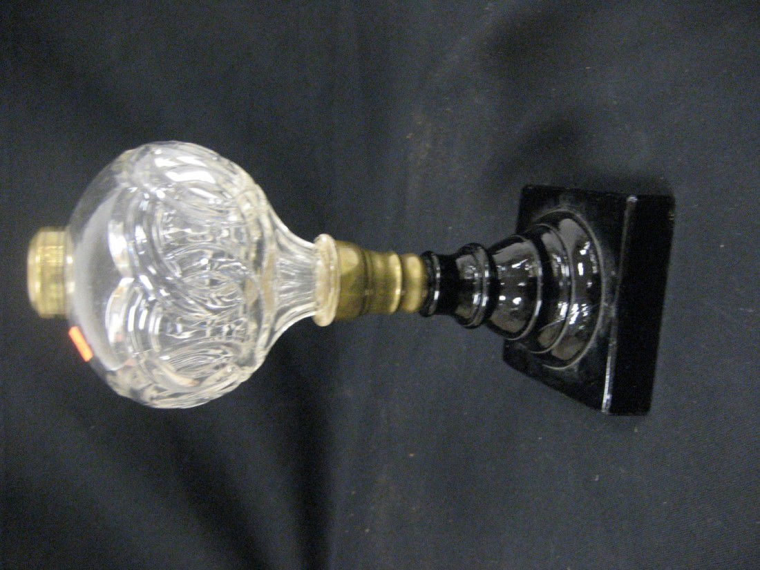 Boston & Sandwich lamp with Wedding Ring font and: Boston & Sandwich lamp with Wedding Ring font and opaque black base. App. 10 1/4" tall, small chip on base.