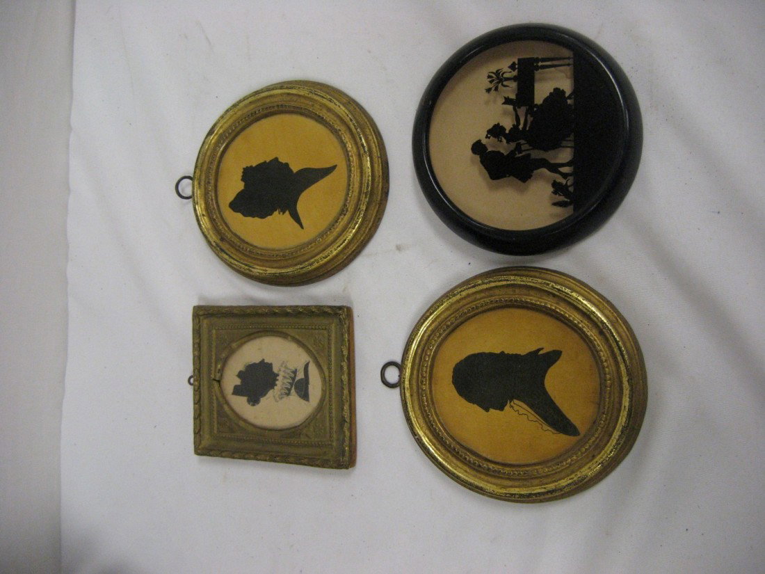 Group of silhouettes: Plaster pair of George & Ma: Group of silhouettes: Plaster pair of George & Martha Washington with Hall House New York and Borghese labels, each app. 6" X 6 1/4"; image with title tag "At the Spinet"; and Victorian lady in primit