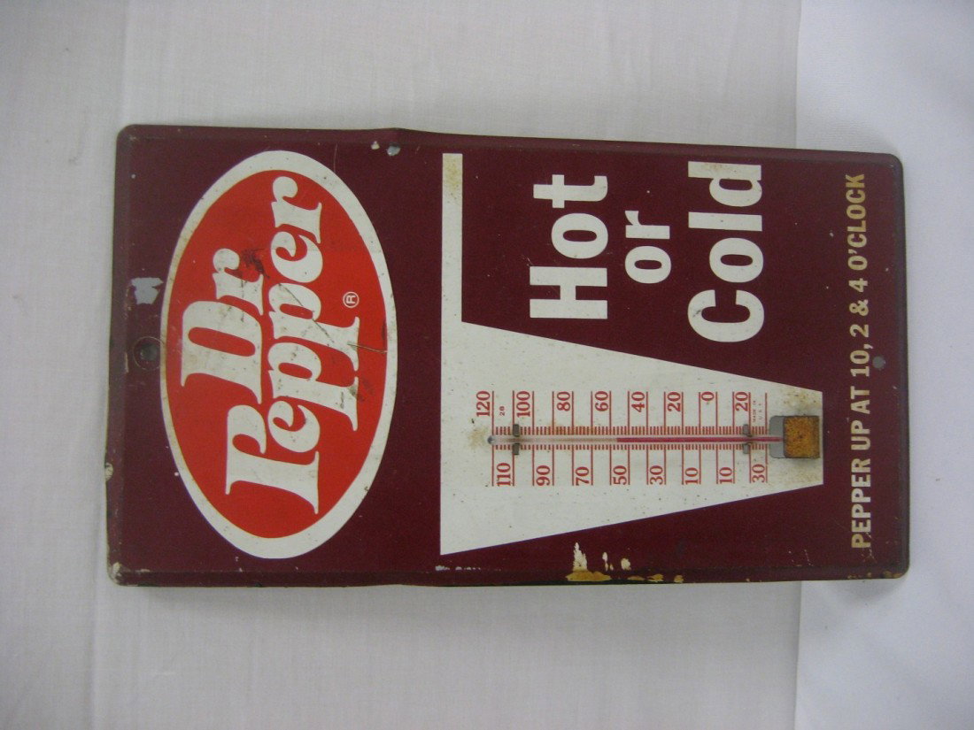 Dr. Pepper Hot or Cold thermometer. Pepper Up at : Dr. Pepper Hot or Cold thermometer. Pepper Up at 10, 2 & 4 o'clock. Minor loss, some flattening, some rusting.