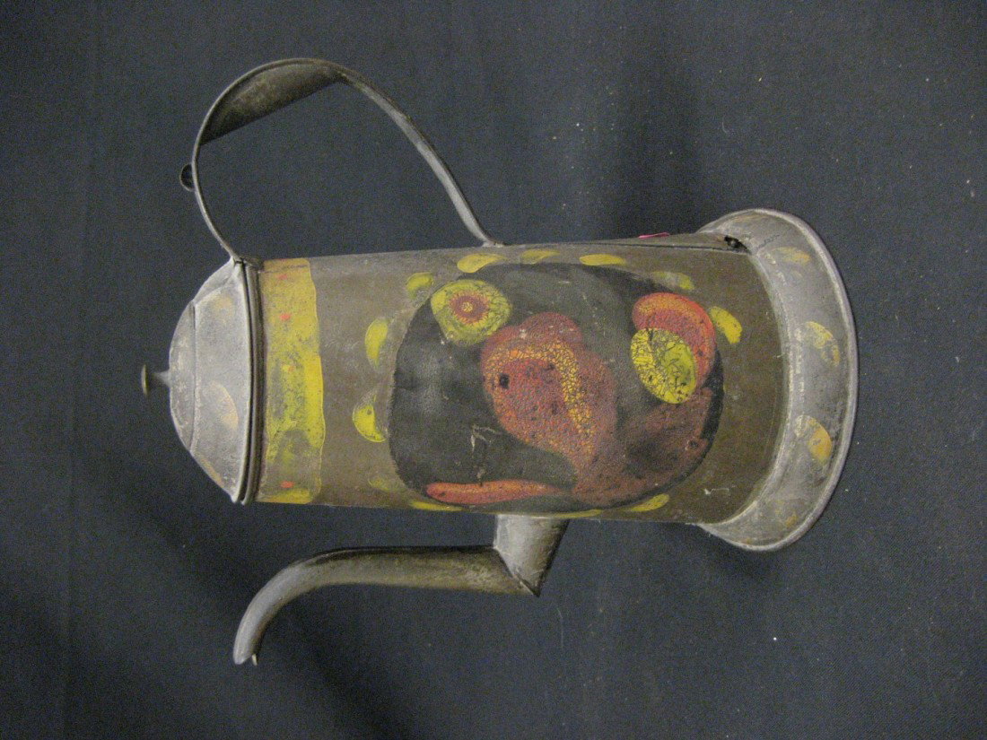 Tole painted coffee pot, app. 10 1/2" tall with hi: Tole painted coffee pot, app. 10 1/2" tall with hinged lid. Hole in body below handle.