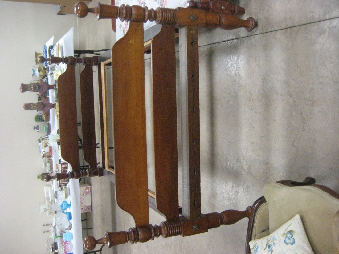 Cherry rope bed with turned posts with inverted be: Cherry rope bed with turned posts with inverted bell and cannonball tops