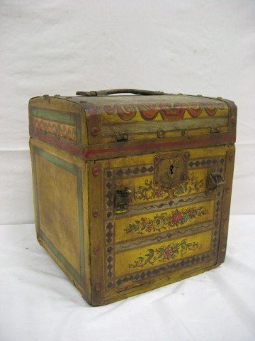 Early painted travel trunk with interior compartmen: Early painted travel trunk with interior compartment (loose), some loss and loosening on the exterior, 13 5/8" wide, 15 1/4" tall, 13 3/4" deep, with round travel tag marke Douglas, Arizona Wher "She"