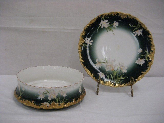 Matching T&V Limoges shallow bowl and 12 1/2" charg: Matching T&V Limoges shallow bowl and 12 1/2" charger with gold and floral decoration. Bowl is 10 1/2" X 3 1/4". Gold wear on rim, minor loss on background.