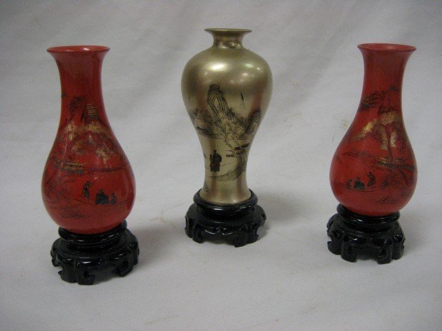 Three (3) lacquered silk vases, tallest is app. 7": Three (3) lacquered silk vases, tallest is app. 7". Small 1/8" line indentation at left toward top of golden vase, all on stands, very minor rubbing on rims and interior.